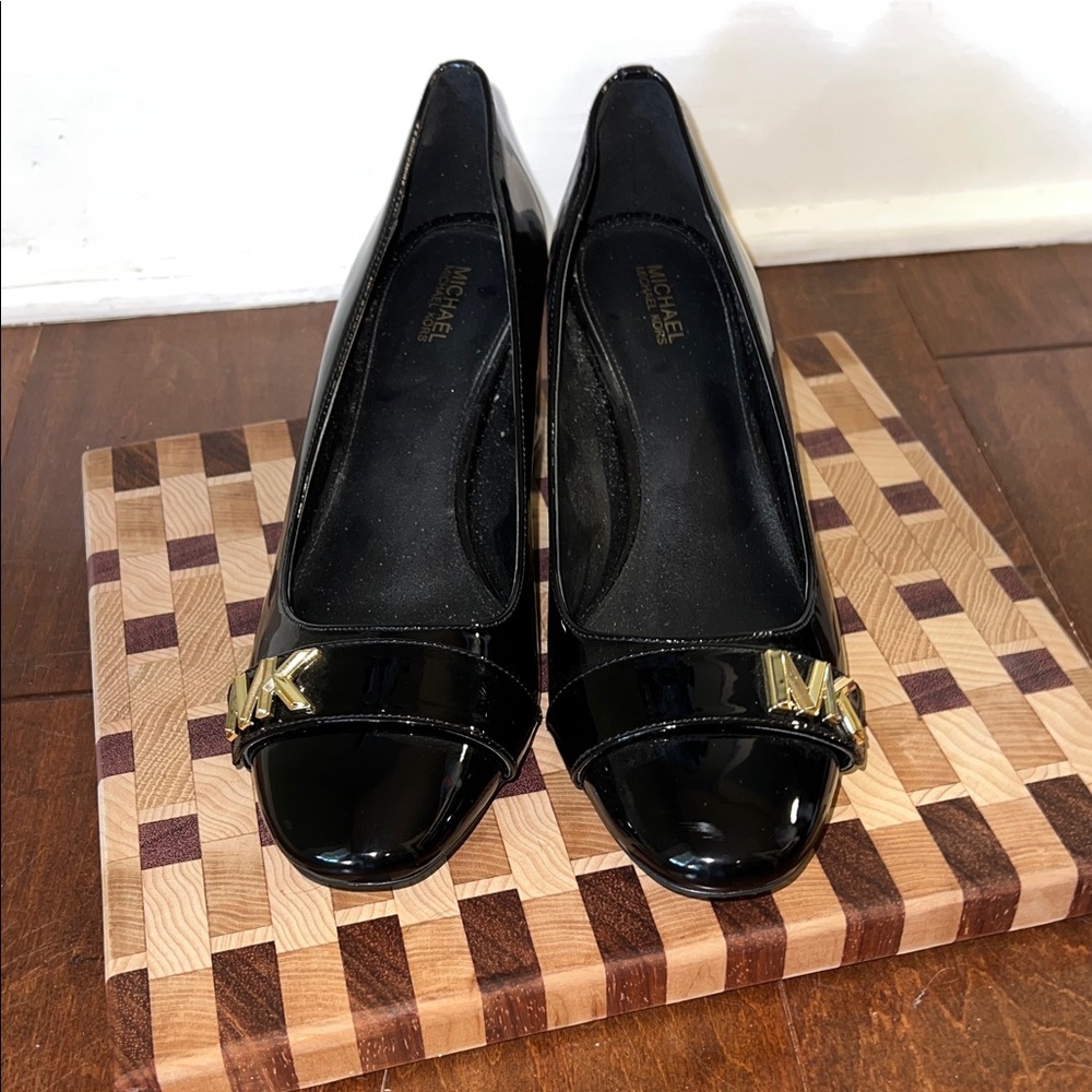 Michael Kors Black Patent Leather Peep-Toe Heels with Gold MK Accent